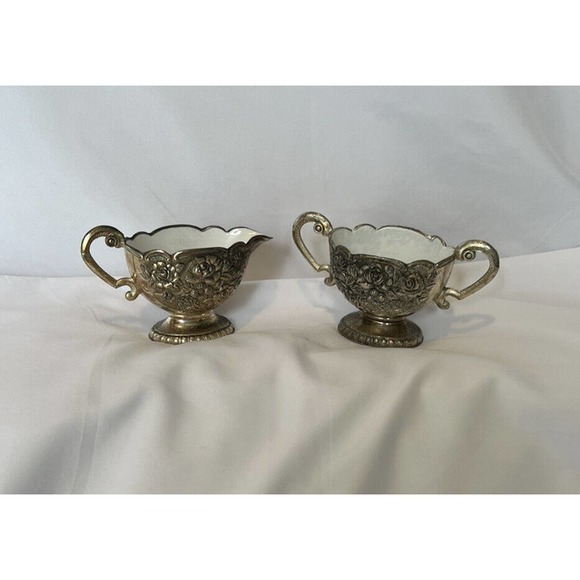 Vintage Silver Plated Sugar And Creamer Set With Inner Ceramic Coating Decor - Picture 2 of 7